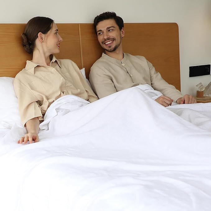 Simple&Opulence Belgian Linen Sheet Set Solid Color - 4 Pieces (1 Flat Sheet, 1 Fitted Sheet & 2 Pillowcases) Natural Flax Cotton Blend Soft Breathable Farmhouse Bedding - King Size, White