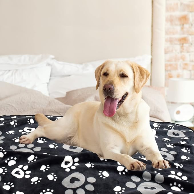 AHOOCUSTOM Dog Blanket, Soft Fleece Dog Blankets for Large Dogs, Fluffy Flannel Pet Cat Puppy Blanket Mat Cover for Bed Couch, Cute Paw Print Throw Blanket for Dogs, Black 60"X50"