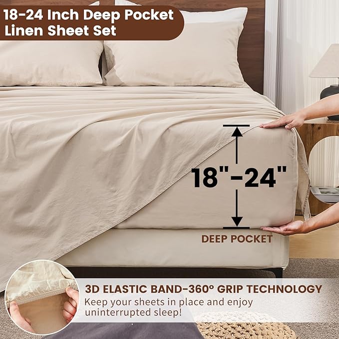 Bedlifes 100% French Linen Sheets King Size 18-24”Extra Deep Pocket 4-Piece Set Breathable & Moisture-Wicking,Soft & Durable Sheets for Thick Mattresses(Linen)
