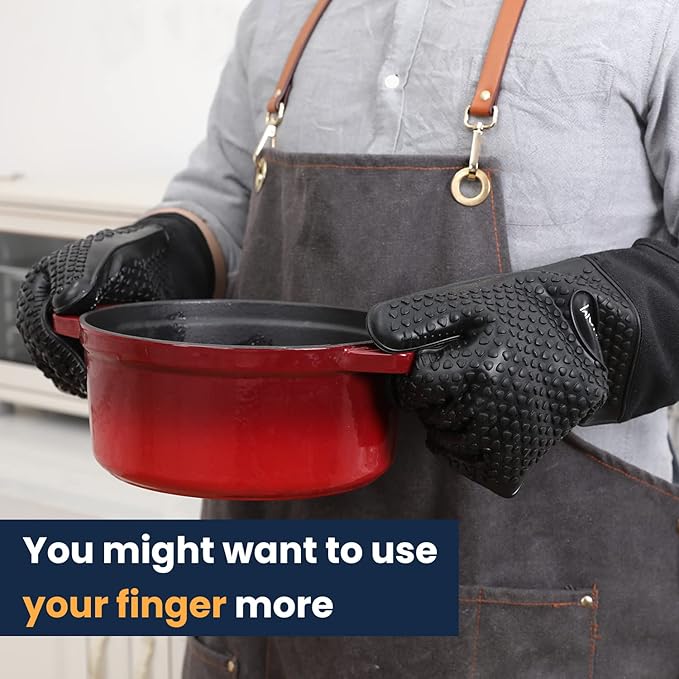 GEEKHOM BBQ Gloves X-Large, Heat Resistant Kitchen Silicone Oven Mitts, Waterproof Oven Gloves, BBQ Grill Accessories for Baking, Fryer, Smoker, Weber, Pizza, Microwave, Non-Slip, Black