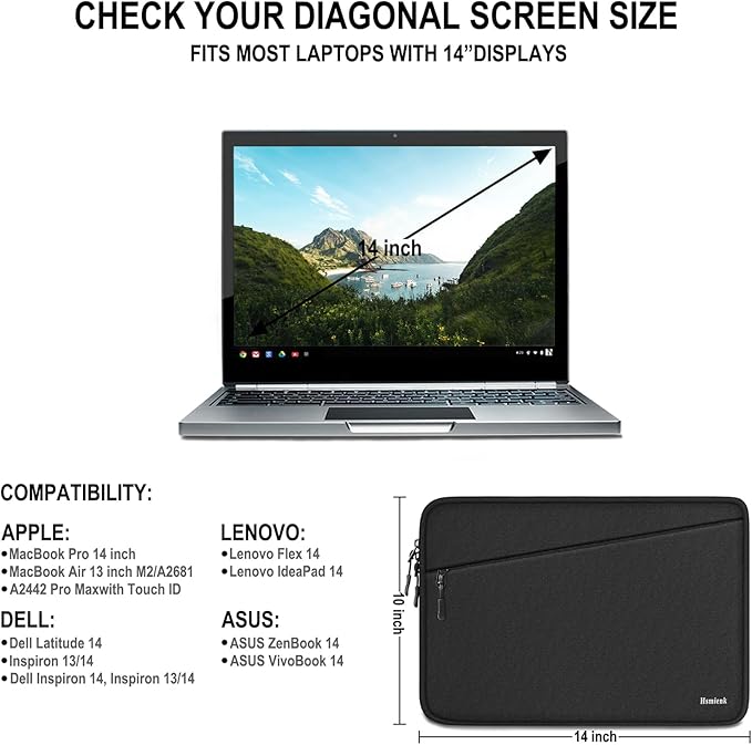 Laptop Sleeve Case 14 inch, Traveling Water Resistant Carrying Notebook Bag with Pocket, Shockproof Protective Laptop Cover Compatible for 14 Inch MacBook Air/Pro, HP, Lenovo, Dell, ASUS, Acer, Black