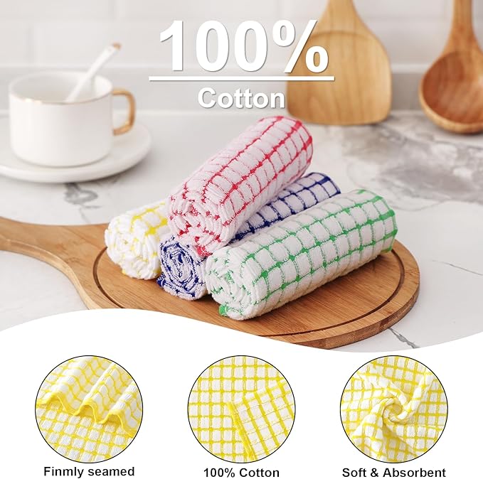 Kitinjoy Cotton 24 Pack Terry Kitchen Dish Cloths, 12 x 12 Inches Super Soft and Absorbent Dish Rags, Quick Drying Dish Towels for Washing Dishes, Mixed Color