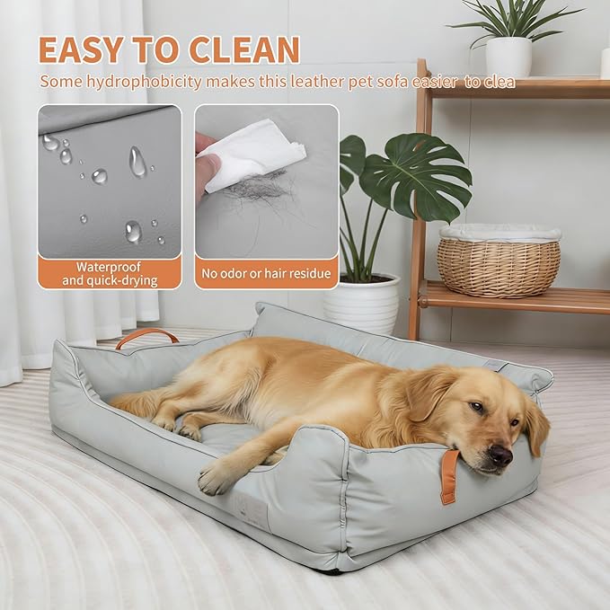 Removable Orthopedic Dog Beds for Large Dogs, Leather Memory Foam Dog Sofa Bed, Waterproof Durable Dogs Bed Couch with Non Skid Bottom for All Pet Sizes (Silver Gray, X-Large)