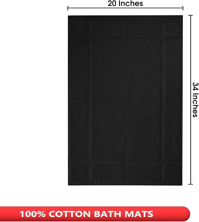Ample Decor 100% Cotton Bath Mats 34 x 20 Inches, Quick Dry, 1350 GSM Banded Border Shower Bathroom Floor Mat, Not Bathroom Rug - Black Pack of 6