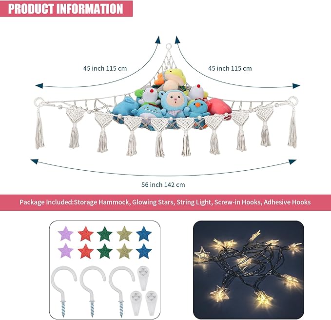 iHansee Stuffed Animals Net w/LED Star Light, 56 Inch Jumbo Toy Hammock Hanging Storage Organizer Holder Nursery Décor for Teddy Plushie, Cream Stuffed Animals Hammock Corner for Kid Girls Boys Gift