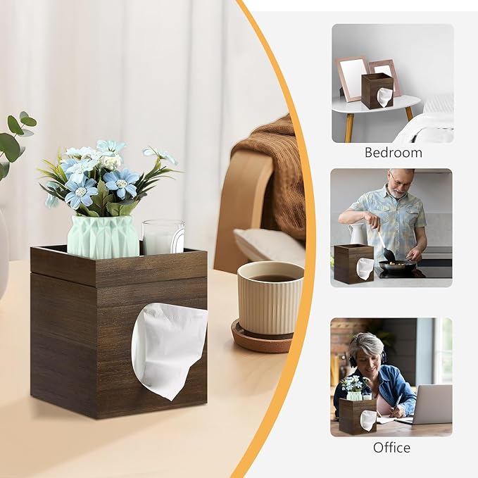 Tissue Box Cover, Brown Tissue Box Cover with Storage Tray Square Tissue Box Covers Holder for Bathroom, Bedroom, Dinner Table, Office, Tabletop 6" x 6" x 7.4"