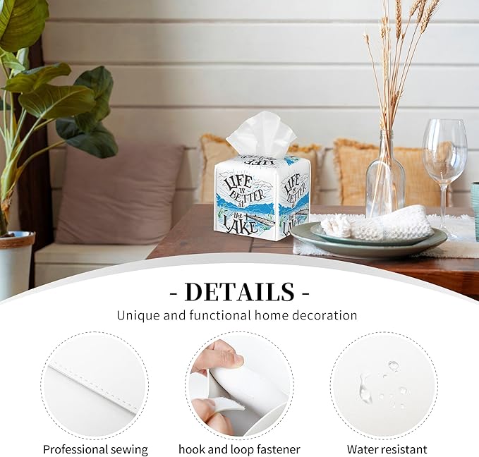 POIUBLE Leather Tissue Box Holder Life is Better at The Lake Tissue Box Cover Square Waterproof Tissue Holder Organizer Modern Napkin Holder for Bedroom Dresser Night Stand Office Desk