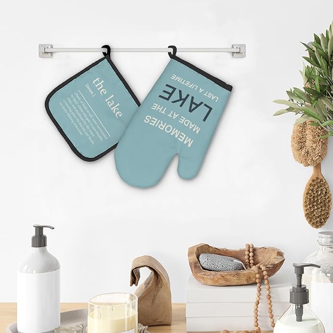 Blue Lake Lovers Gifts Oven Mitts and Pot Holders Sets, Lake House Gifts Kitchen Accessories Sets, Lake House Decor, Memories Made at The Lake Heat Resistant Oven Glove Potholders for Kitchen