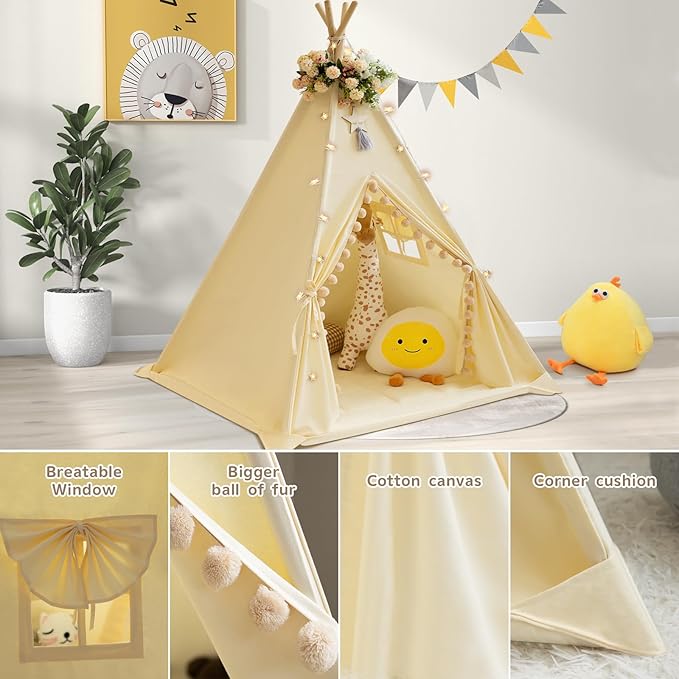 WIRHAO Teepee Tent for Kids with Padded Mat Cotton Canvas Kids Teepee with Pompom for Toddlers Indoor Play Tent for Girls Boys with Stars Lights, Carry Bag, Banner Flag (Cream)