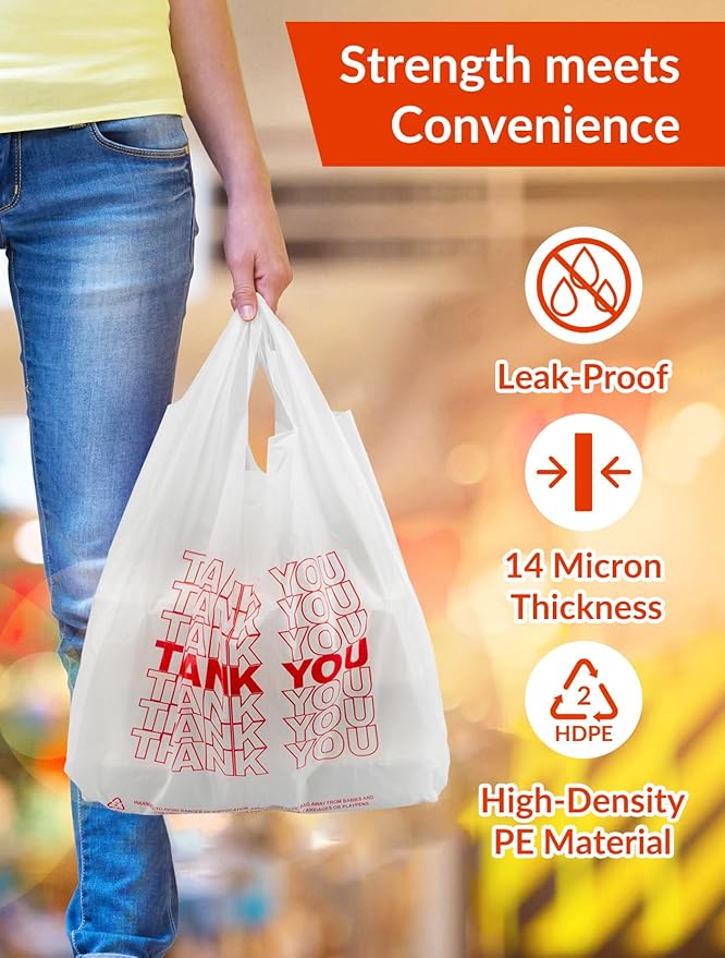 UMT Plastar 1000 Count Thank You Plastic T-Shirt Bags with Handles, 10.5" x 5.5" x 17.5" (1/8 Size), 14 Mic, Black – Ideal for Grocery, Retail, Takeout, and Desk Trash Use