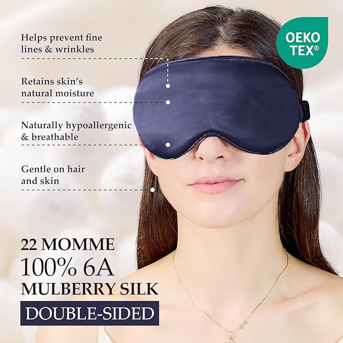 SGMSILK 100% Mulberry Silk Sleep Mask for Unisex, 22 Momme 3D Silk Contoured Eye Mask, Breathable Light Blocking Blindfold with Adjustable Strap, Blackout Eye Cover for Travel, Blue