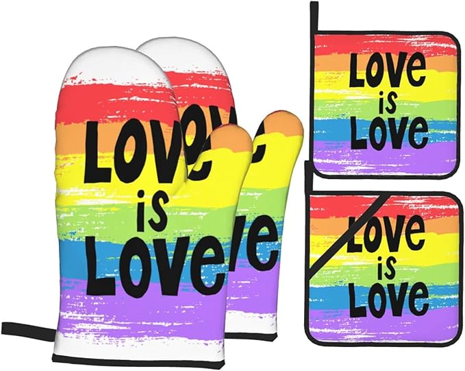 Rainbow Pride Love Oven Mitts and Pot Holders Set of 4, Oven Mittens and Potholders Heat Resistant Gloves for Kitchen Cooking Baking Grilling BBQ