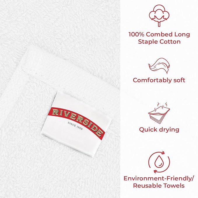 RIVERSIDE Bar Mop Towels Pack of 12, 16x19 Inches, 100% Ring Spun Cotton Terry Cloth Kitchen Towel, Highly Absorbent & Reusable Multipurpose Cleaning Rags for Bathroom, Hotel, Restaurant, White