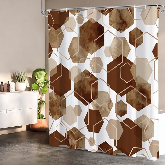 Litabel Modern Extra Long Shower Curtain for Bathroom, Brown Geometric Art Decor Waterproof Bath Curtain, Abstract Fabric Shower Curtain Sets for Home Decor, 72x84 Inch