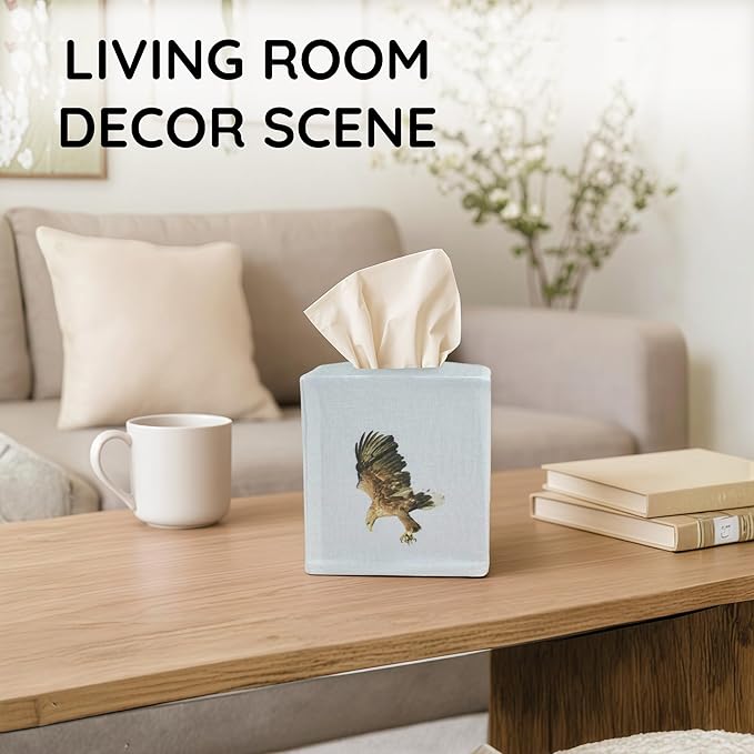 EmbroideryLinen.VN Tissue Box Cover Set of 2, Square Linen Tissue Holder, Printed Animal Pattern, 4.5x4.5x5.5 Inches, Decorative Holder for Bathroom, Living Room, Office (Eagle)