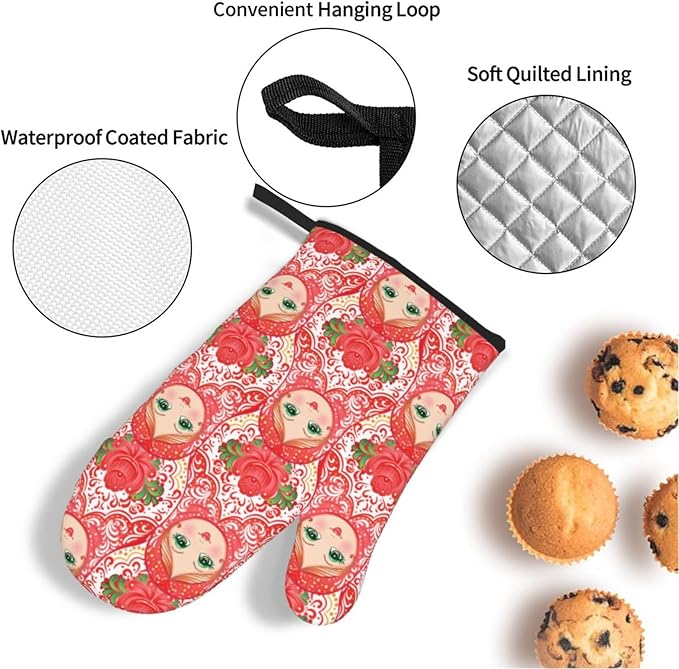 Traditional Russian Nesting Doll with Flowers Oven Mitts and Pot Holders 4 Pcs Set Oven Gloves and Potholders for Cooking Microwave BBQ Baking Grilling