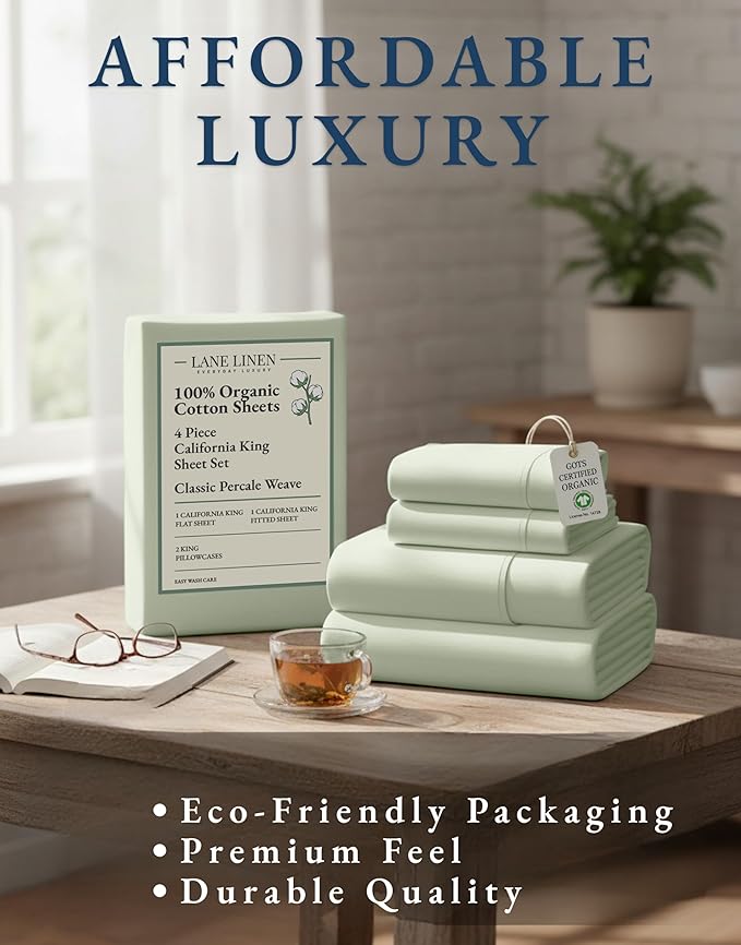 LANE LINEN Bedsheets California King Size Bed - 4Pc 100% Organic Cotton Cal King Bed Sheet Set, Soft Cooling Sheets, 15" Deep Pocket Cal King Sheets, Oeko Tex Certified - Mineral