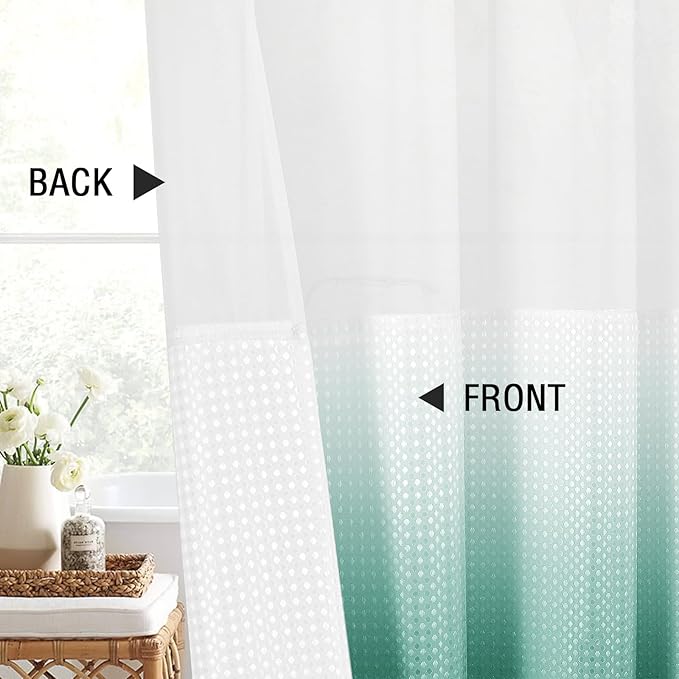 Gibelle Waffle Weave Shower Curtain with Mesh Top Window and Hooks Set, Spa Like Hotel Style Fabric Shower Curtain for Bathroom, Ombre Teal, 72x72