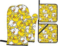 Cute Yellow Duck Oven Mitts and Pot Holders Set of 4, Oven Mittens and Potholders Heat Resistant Gloves for Kitchen Cooking Baking Grilling BBQ