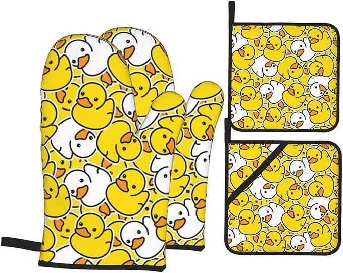 Cute Yellow Duck Oven Mitts and Pot Holders Set of 4, Oven Mittens and Potholders Heat Resistant Gloves for Kitchen Cooking Baking Grilling BBQ