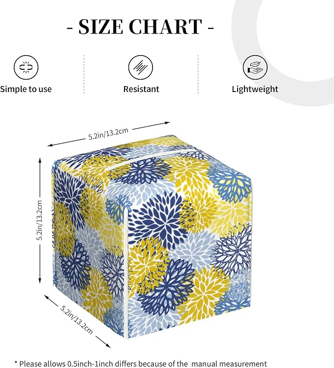 POIUBLE Yellow and Navy Chrysanthemum Flower Tissue Box Cover Leather Tissue Box Holder Square Facial Paper Organizer Dispenser for Bathroom Kitchen Bedroom Vanity Countertop Night Stands