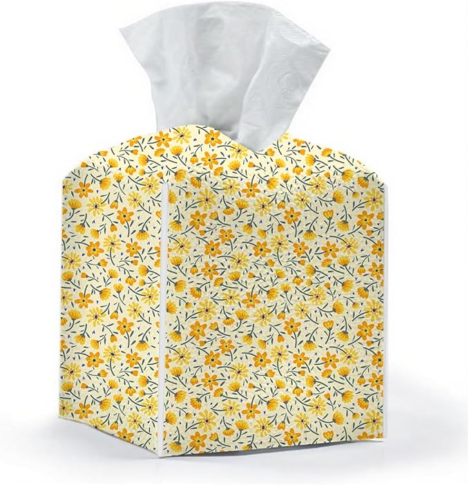 Tissue Box Cover, Tissue Box Holder, Square with Belt Bottom, PU Leather Decorative Organizer for Desk, Tabletop, Countertop Bathroom, Toilet Car,Office, Dresser Bedside, Aesthetic Yellow Flower Decor