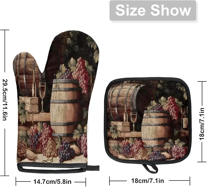 Vintage Wine and Ripe Grapes Oven Mitts and Pot Holders Sets, 2 Pcs Decorative Kitchen Oven Glove for Cooking