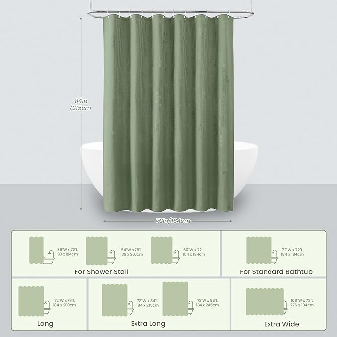 Inhousolu Fabric Shower Curtain Waffle Weave, Sage Green 230 GSM Heavy Duty, Weighted Hem, 14 Metal Hooks, Water Repellent, Machine Washable, Hotel Spa Luxury Bath Curtain Set, 72 x 84 Inch