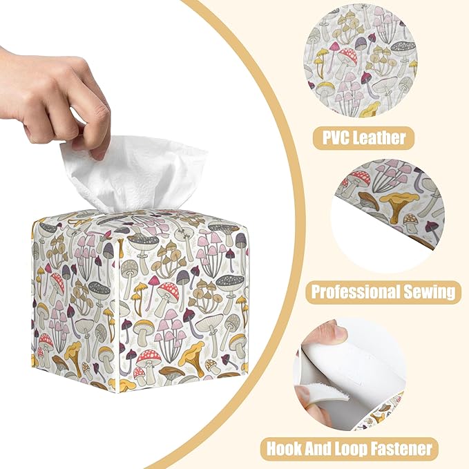 Leather Tissue Box Holder Wild Mushrooms Tissue Box Cover Facial Paper Case Organizer Cube Napkin Dispenser for Bathroom Vanity Countertop Night Stand Office Car