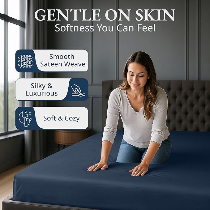 Lane Linen 100% Egyptian Cotton Queen Size Fitted Sheet Only (61"x81" + 16") - Elegant Sateen Weave, Ultra Soft, Breathable, Highly Durable, Deep Pockets Upto 17" - Estate Blue