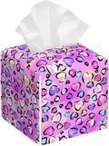 Colorful Heart Tissue Box Cover,Leopard Print PU Leather Tissue Box Holder Square,Modern Home Decoration for Bathroom Living Room Kitchen Office Car,5.2"×5.2"×5.2"