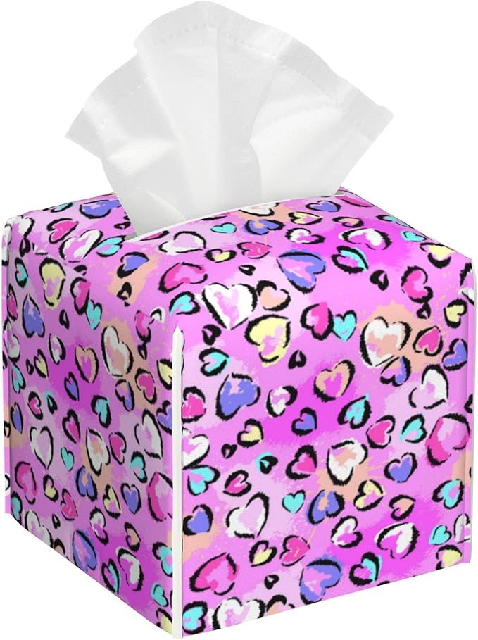 Colorful Heart Tissue Box Cover,Leopard Print PU Leather Tissue Box Holder Square,Modern Home Decoration for Bathroom Living Room Kitchen Office Car,5.2"×5.2"×5.2"