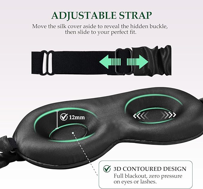 SGMSILK 100% Mulberry Silk Sleep Mask for Unisex, 22 Momme 3D Silk Contoured Eye Mask, Breathable Light Blocking Blindfold with Adjustable Strap, Blackout Eye Cover for Travel, Black