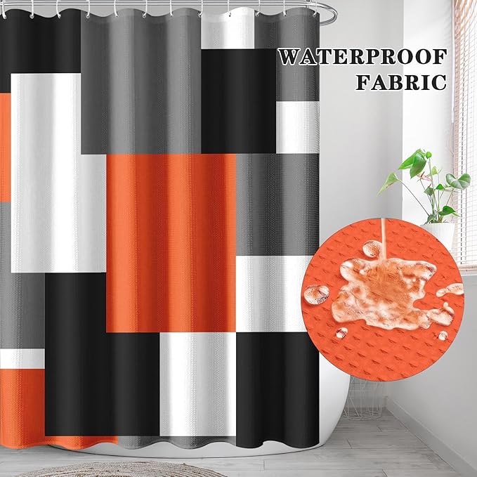 Culudea Geometric Orange White Shower Curtain Set, Black and Gray Modern Bathroom Window Waterproof Shower Curtain Set for Bathroom Decor