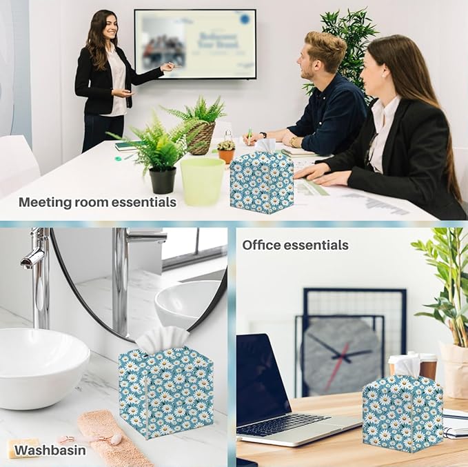 Tissue Box Cover, Tissue Box Holder, Square with Belt Bottom, PU Leather Decorative Organizer for Desk, Tabletop, Countertop Bathroom, Toilet Car, Bedside, Dresser Kitchen, Aesthetic Blue Flower Decor