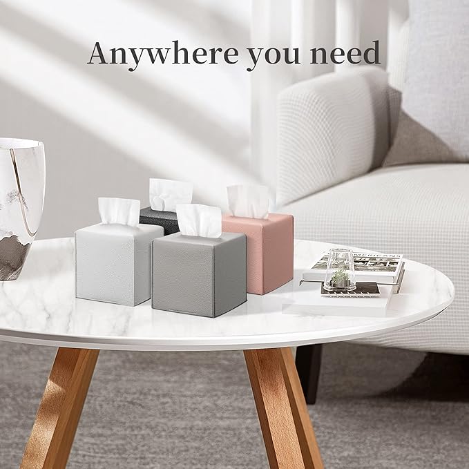 REGELETO Square Tissue Box Cover, Pu Leather Tissue Box Holder with Bottom Belt Modern Stylish Tissue Box Organizer for Bathroom, Bedroom, Hotel, Office Desk 5"X5"X5"-Grey