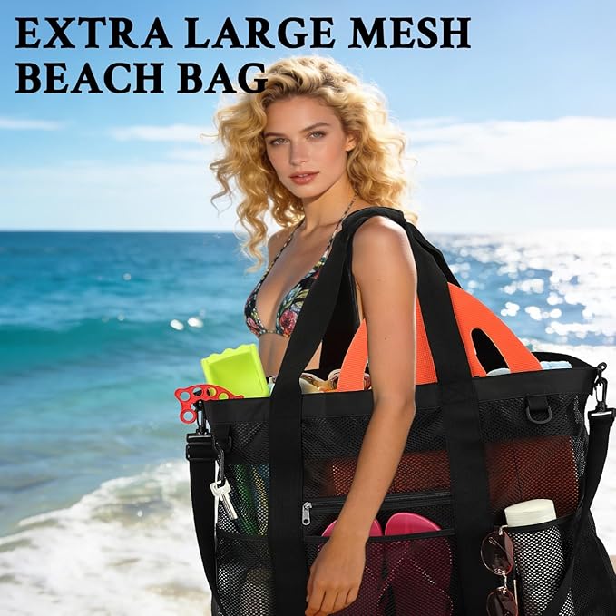 GYEUKHAM Mesh Beach Bag - Large Beach Tote Bag with Multiple Pockets for Family Beach Bag for Toys & Vacation Essentials