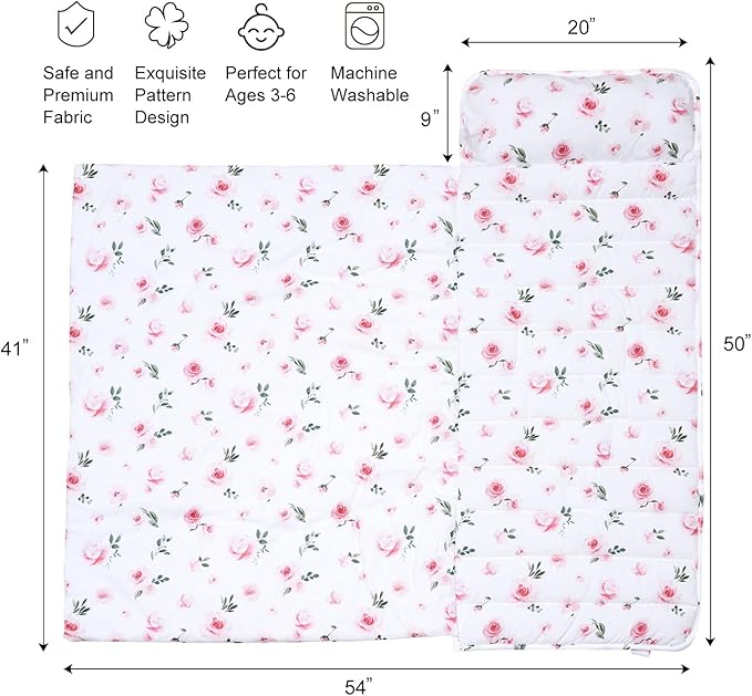 david's kids Toddler Nap Mat Set with Removable Pillow, Ultra Soft Slumber Bags for Girls，Perfect for Preschool, Daycare, Kids Sleeping Bags with Rollup Design, 50"x20", Floral