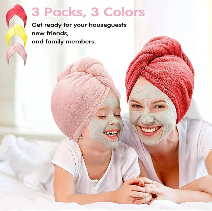 YHPDYL Hair Drying Towel 3 Pack - Ultra Soft Microfiber Turban Twist Hair Wrap for Women - Super Absorbent, Quick Dry Hair Towel Cap for Wet Hair (3 Colors, Yellow Pink & Red)