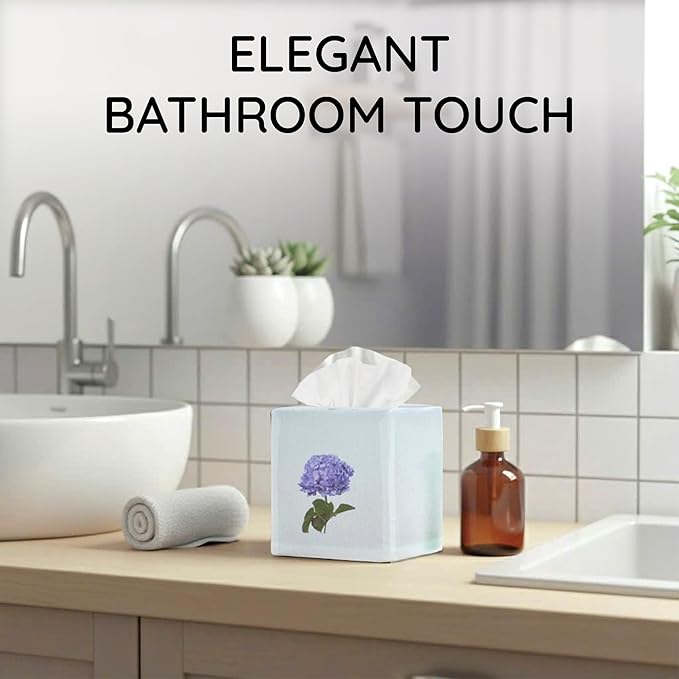 EmbroideryLinen.VN Tissue Box Cover Set of 2, Square Linen Tissue Holder, Printed Floral Design, 4.5x4.5x5.5 Inches, Decorative Holder for Bathroom, Living Room, Office (Hydrangea & Dandelion)