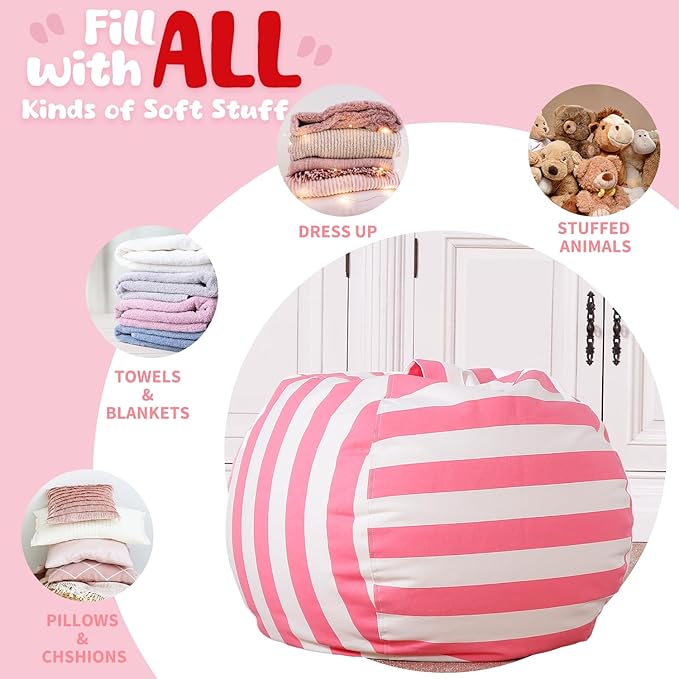 WEKAPO Stuffed Animal Storage Bean Bag Chair Cover for Kids | Stuffable Zipper Beanbag for Organizing Children Plush Toys Large Premium Cotton Canvas (Pink, X-Large)