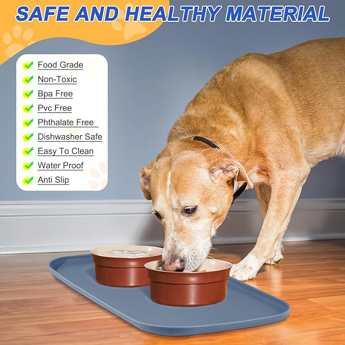 SMILOOL Silicone Pet Feeding Mat with Raised Edge for Food and Water, Dog Bowl Mats, Cat Bowls Placemat with High Lip for Floor Waterproof, Rubber Tray for Cats and Dogs 19 x 12 x0.7 Slate Blue