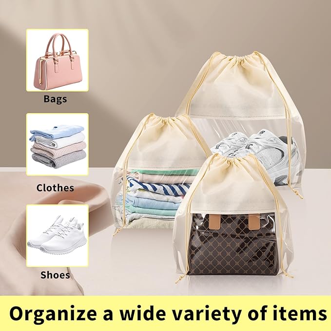 Bgtecho 12 Pcs Shoe Bags for Travel, Dust Bags for Handbags, Dustproof Drawstring Bags in 4 Size, Breathable Non Woven Fabric Storage Bag for Handbags Shoes Purses, Beige
