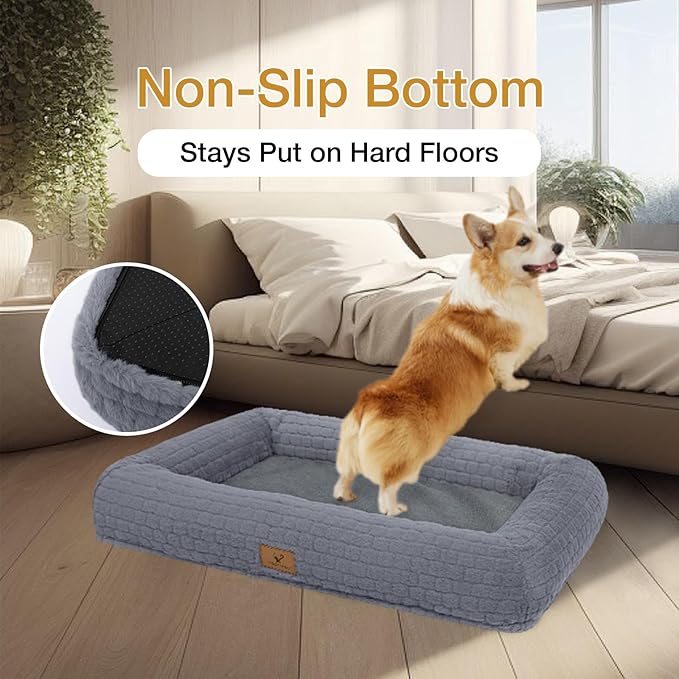 Plush Orthopedic Dog Bed for Medium Large Dogs, Memory Foam Bolster Sofa Bed with Removable Washable Cover, Waterproof Lining & Non-Slip Bottom (Grey-S)