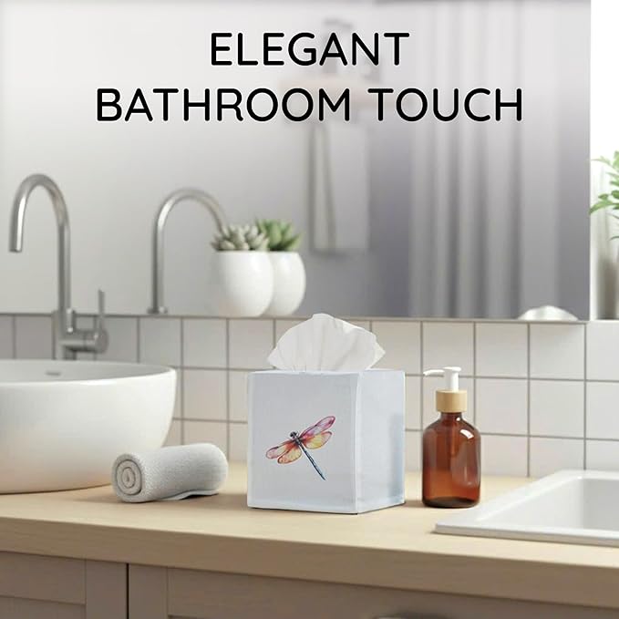 EmbroideryLinen.VN Tissue Box Cover Set of 2, Square Linen Tissue Holder, Printed Animal Pattern, 4.5x4.5x5.5 Inches, Decorative Holder for Bathroom, Living Room, Office (Dragonfly)