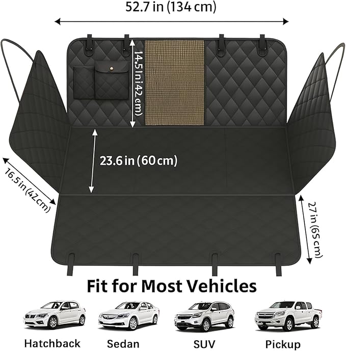 fidozen Dog Car Seat Cover, Universal Fit, Waterproof, Breathable, Machine Washable, Pet Hammock with Storage Pocket, Black (Black, Standard（Hard Extender）)