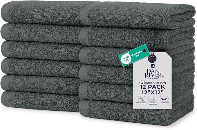 DAN RIVER 12 Pack Wash Cloths for Showering [12x12] - 100% Cotton Washcloths Premium Quality Flannel Face Cloths for Bathroom, Highly Absorbent and Soft Feel Wash Clothes, Grey
