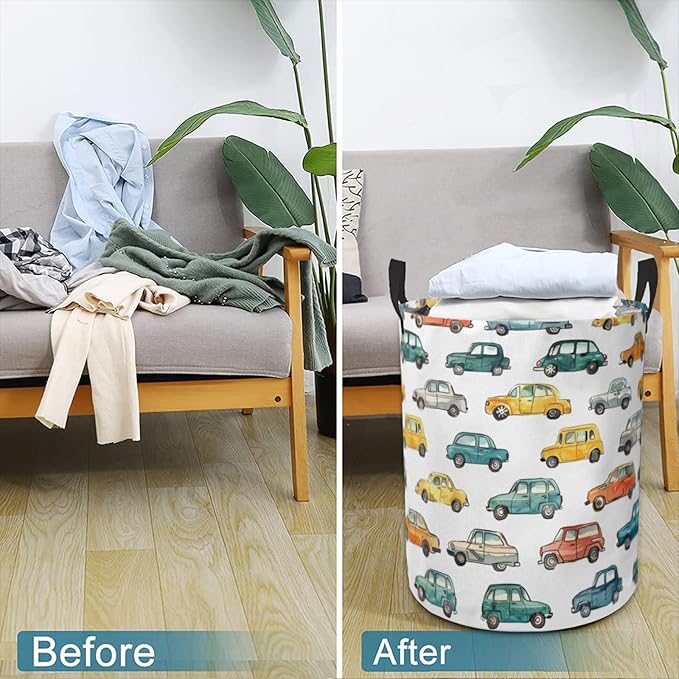 Laundry Basket Watercolor Cars Collapsible Laundry Hamper with Handles Clothes Storage Bin for Household Bedroom Bathroom College Dorms