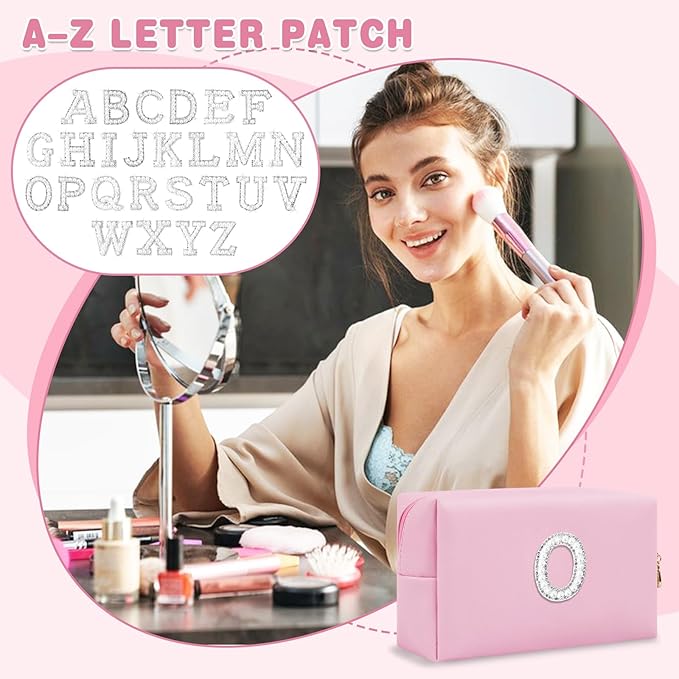 ChaoGreat Bride Gifts – Personalized Initial Makeup Bag with Pearl Rhinestone Patch, Preppy Pink Monogram Cosmetic/Toiletry Pouch, bridesmaid Gifts, Bridal Shower Gifts, Wedding Gifts, Bridal Gifts,O