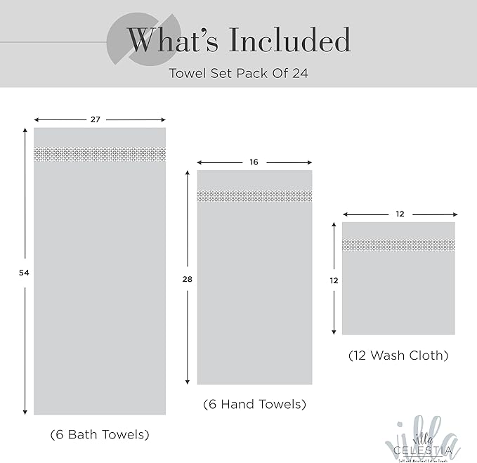 Villa Celestia 100% Cotton Bath Towel Set of 24-6 Bath Towels, 6 Hand Towels, 12 Wash Cloths, Sustainable, Soft, Highly Absorbent, Combed Cotton 24 Piece Set for Hotels, Spa, Bathroom, Dorm, Grey